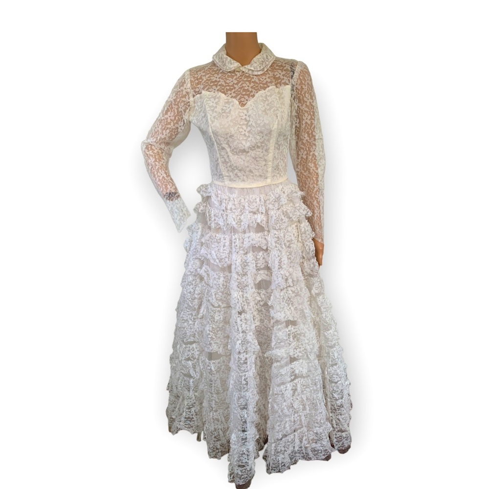 50s Wedding Gown Lace Long Sleeve Bridal Dress XS 34 25